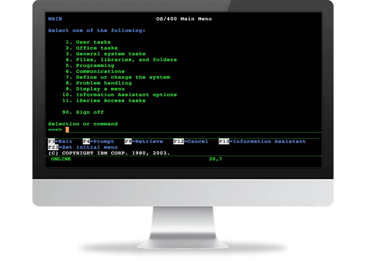 IBM i OS showing Main Menu