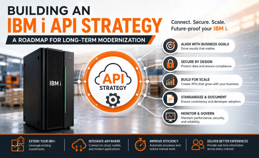IBM i API strategy infographic showing an IBM i server connected to an API strategy hub with key modernization principles including business alignment, security by design, scalability, documentation, governance, and cloud integration.