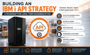 IBM i API strategy infographic showing an IBM i server connected to an API strategy hub with key modernization principles including business alignment, security by design, scalability, documentation, governance, and cloud integration.