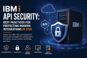 IBM i API Security Best Practices for Protecting Modern Integrations in 2026. A secure IBM i server protected by a digital shield and lock, connected to cloud and API services. The graphic highlights key security concepts including authentication, encryption, access control, monitoring, and audit compliance for modern IBM i integrations.