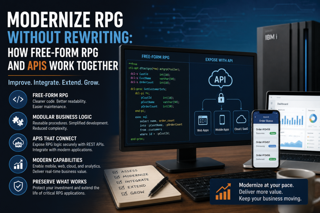 IBM i RPG application modernization infographic showing free-form RPG development, API integration, and modern IBM i applications. The image illustrates how organizations can modernize RPG code without rewriting core business logic by using APIs, modular development, cloud connectivity, and modern development practices.