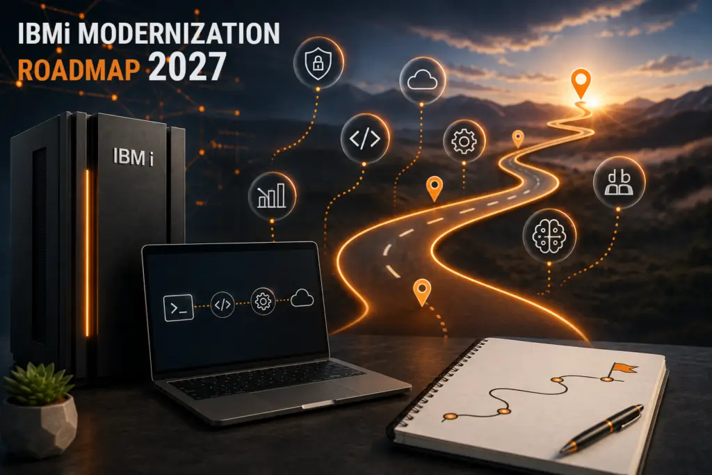 IBM i modernization roadmap illustration showing an IBM i system and a glowing technology path toward 2027, with icons representing security, APIs, cloud integration, DevOps, analytics, AI, and workforce modernization.