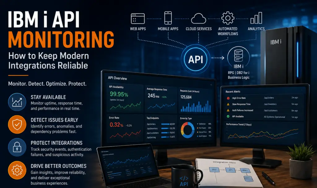 IBM i API monitoring infographic showing API performance dashboards, real-time alerts, observability metrics, and IBM i server integration. The graphic highlights API availability, performance monitoring, security monitoring, smart alerts, and end-to-end observability for reliable IBM i integrations.