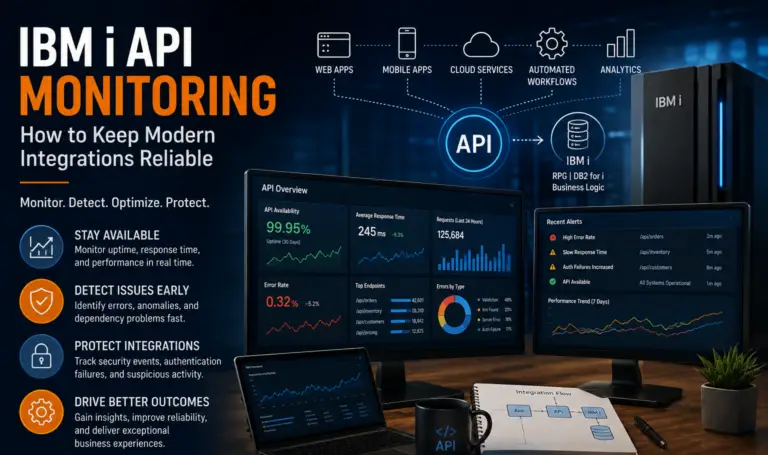 IBM i API monitoring infographic showing API performance dashboards, real-time alerts, observability metrics, and IBM i server integration. The graphic highlights API availability, performance monitoring, security monitoring, smart alerts, and end-to-end observability for reliable IBM i integrations.