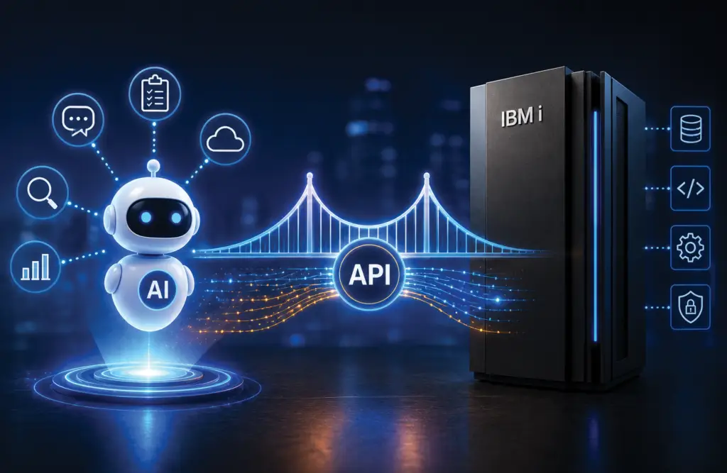 Agentic AI connected to an IBM i system through a secure API bridge, illustrating how APIs enable AI agents to access trusted IBM i data, RPG business logic, cloud services, and enterprise applications.