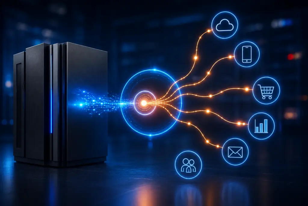IBM i system sending real-time event data to cloud, mobile, eCommerce, analytics, messaging, and business applications through an event-driven integration hub.