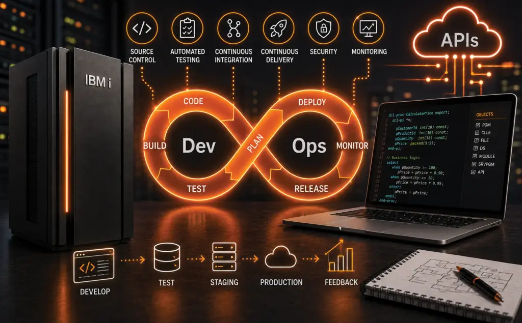 IBM i DevOps illustration showing a DevOps lifecycle with source control, automated testing, continuous integration, continuous delivery, security, monitoring, APIs, and RPG development.