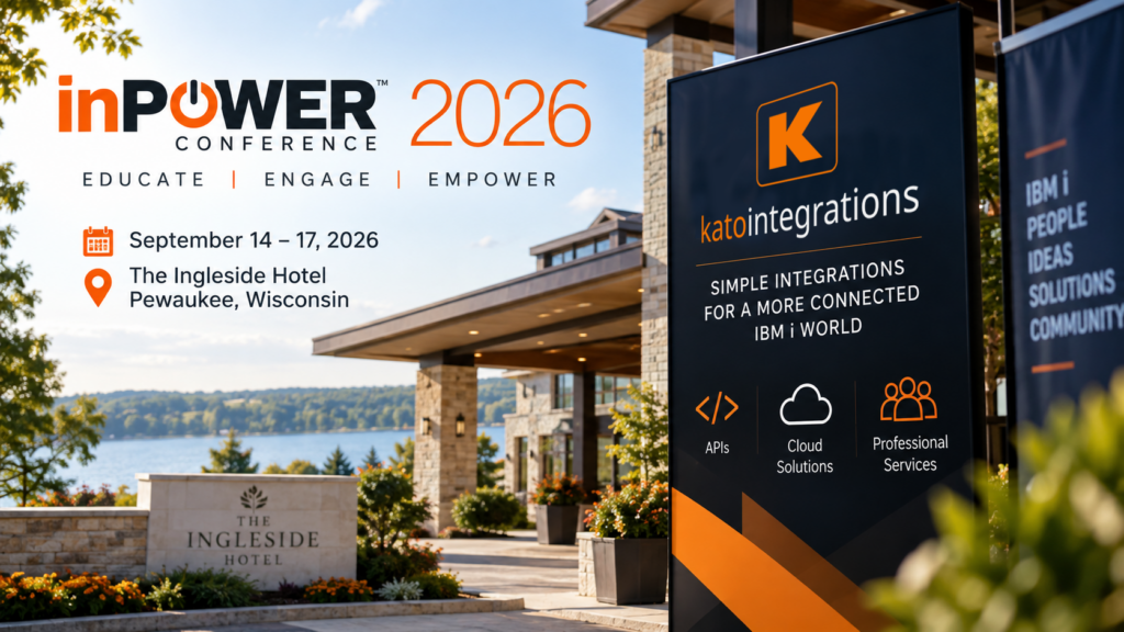 Kato Integrations sponsoring and exhibiting at inPOWER 2026, September 14–17 at The Ingleside Hotel in Pewaukee, Wisconsin, highlighting IBM i APIs, cloud solutions, and professional services.