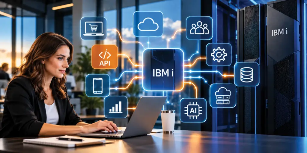 IBM i integration architecture showing a professional working with an IBM i system connected through APIs to cloud services, mobile applications, analytics, AI, databases, automation, and enterprise applications.