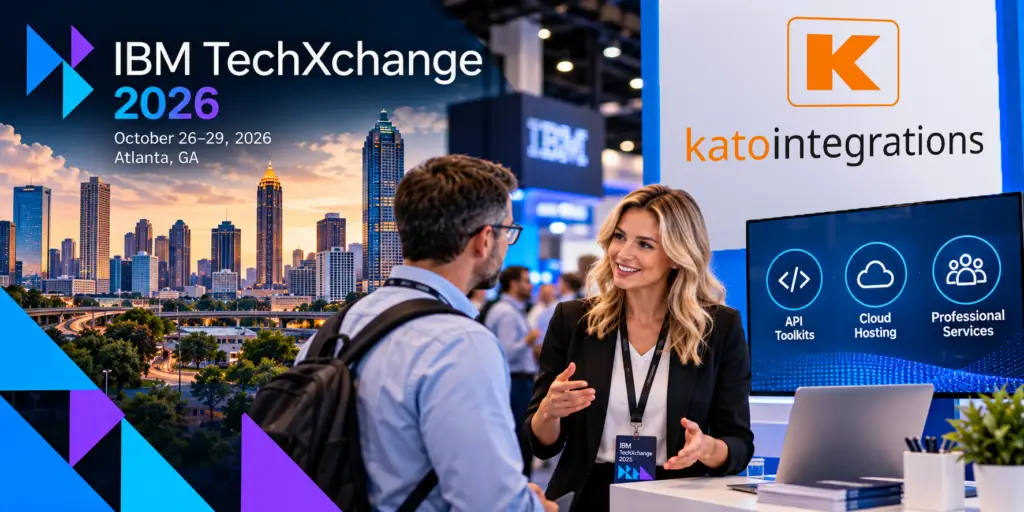 IBM TechXchange 2026 conference promotional image featuring the Atlanta skyline, event dates October 26–29, and technology professionals discussing cloud integration, APIs, and enterprise modernization at an exhibition booth.