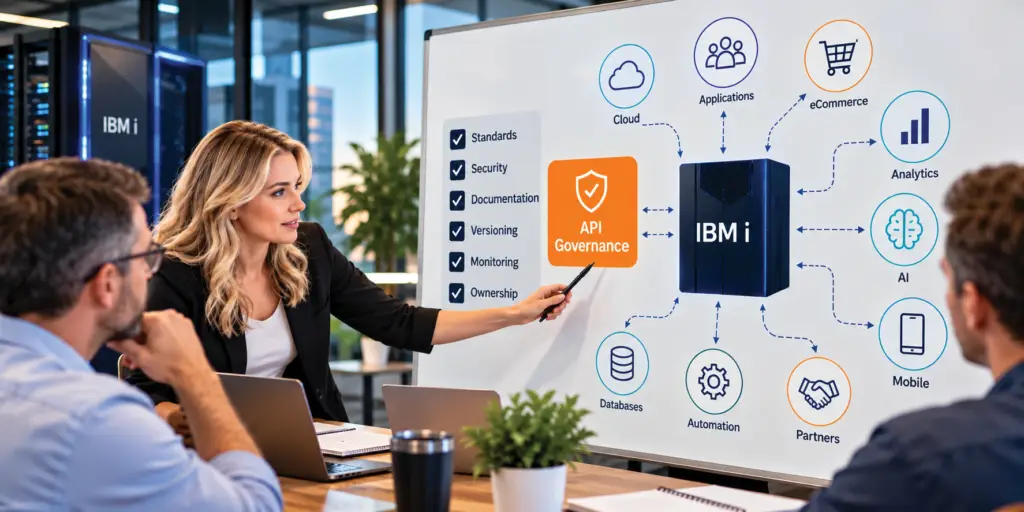 IBM i API governance strategy showing a team reviewing standards for API security, documentation, versioning, monitoring, and ownership while connecting IBM i with cloud, AI, mobile, analytics, eCommerce, databases, and automation.