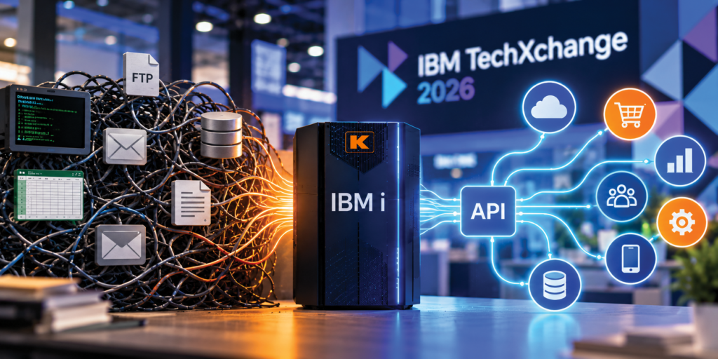 IBM i integration technical debt illustration showing tangled legacy connections, FTP transfers, and manual processes transformed into streamlined API integrations connecting IBM i with cloud services, eCommerce, analytics, mobile applications, and automation, with IBM TechXchange 2026 branding in the background.